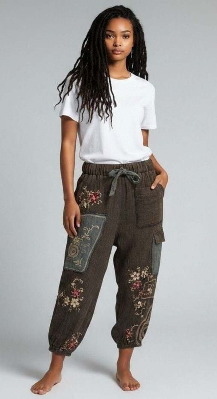 POL Kagen Embroidered Pants Small Cargo Floral Patchwork Brown - Picture 2 of 7